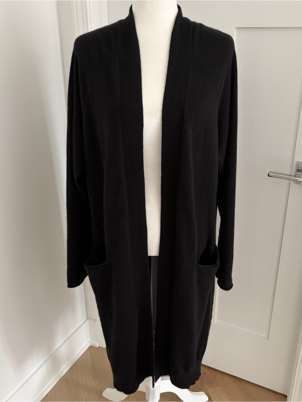 C by Bloomingdale’s Cashmere Long Cardigan Black Women’s L Open Front Pockets*57